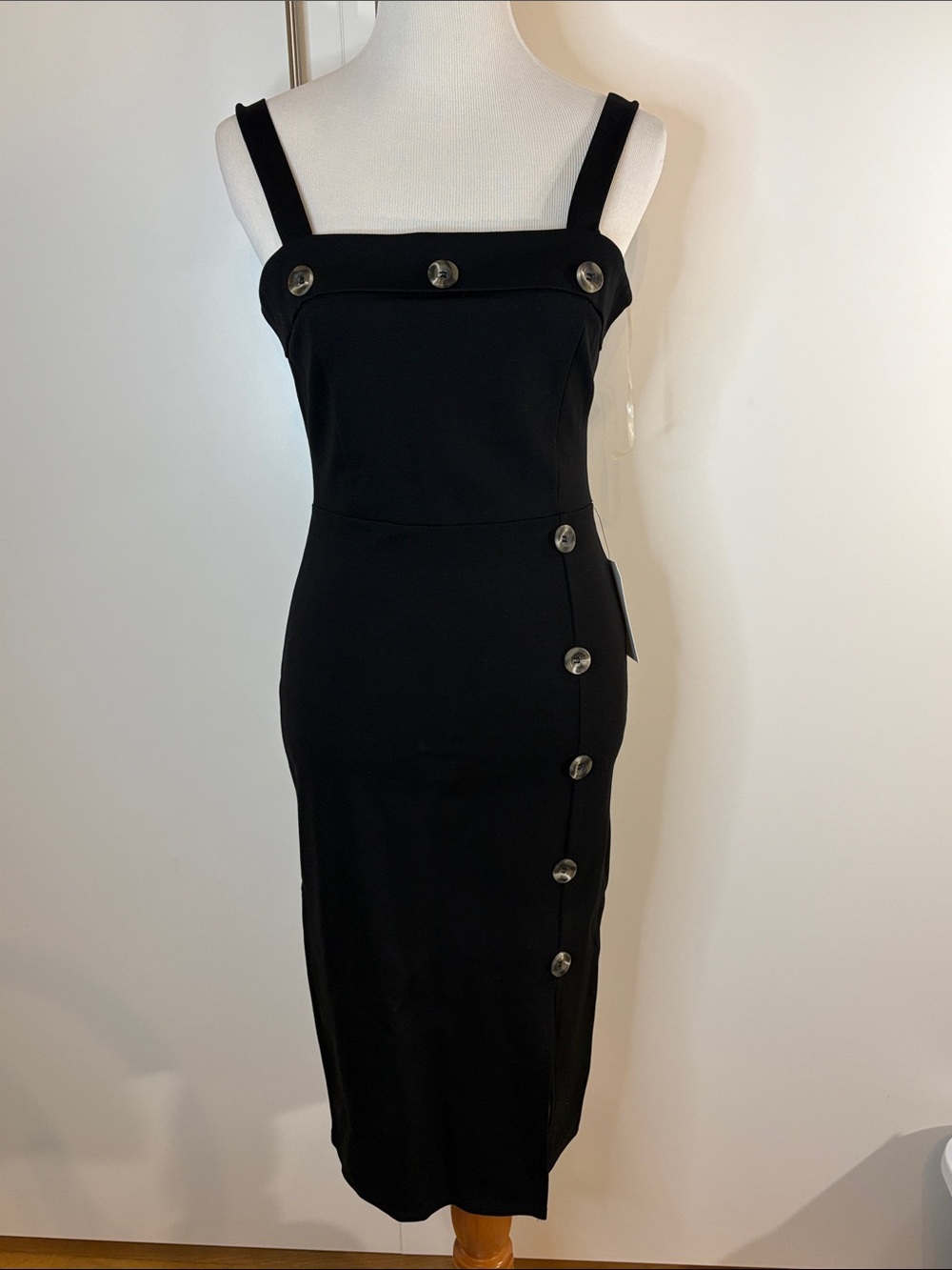 Stella Luce Black Button-Detail Midi Stretch Dress L